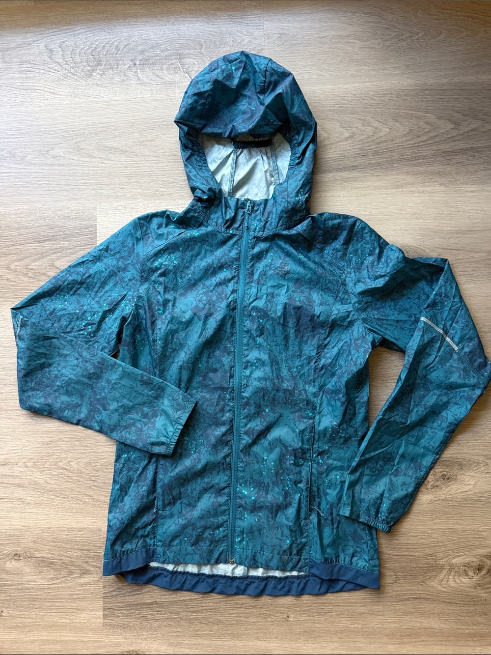 Salomon Agile Wind Print Hoodie Jacket Teal Blue Green Pattern Women's small
